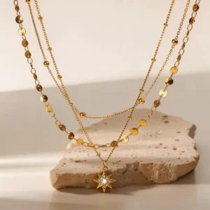 Women’s Stainless Steel Hypoallergenic Three Layer Crystal Four Pointed Star Pendant Link Chain Minimalist Light Luxury Party