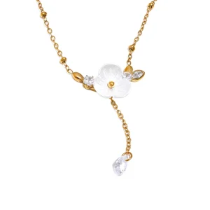 Women’s Stainless Steel Necklace Gold Plated Bezel Set Flower Pendant Geometric Link Chain Daily Wear