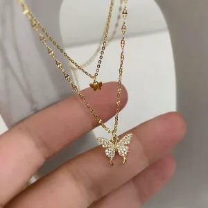 Women’s Stainless Steel Rhinestone Crystal Butterfly Pendant Necklace Gold Plated Punk Style Double Layered Jewelry