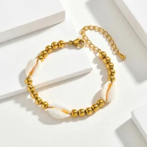 Women’s Stainless Steel Shell Steel Ball Geometric Gold plated Pendant Charm Bracelet for Wedding & Party