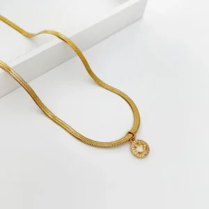 Women’s Stainless Steel Smile Face Necklace Gold Plated Herringbone Snake Chain Choker with Zircon Pendant