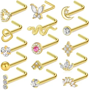 Women’s Stainless Steel Snake Nose Ring L Rod Heart Shaped Stud Gold Plated Body Jewelry Zircon Stone