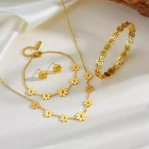 Women’s Stainless Steel Titanium Multi Chrysanthemum Daisy Flower Fashion Jewelry Set Elegant Waterproof Fine Earrings