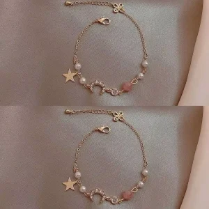 Women’s Star-Moon Zircon Pearl Bracelet Niche Design High-End Fashionable Minimalist Bangle for Girl Friends