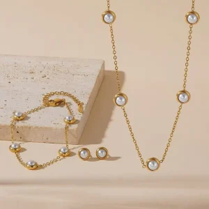 Women’s Summer Pearl Necklace Bracelet Earring Jewelry Set