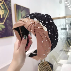 Women’s Sweet Style Handmade Shining Pearls Rhinestone Ornament Middle Knot Turban Hair Accessories