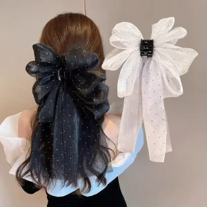 Women’s Temperament Hair Accessories Elegant Super Fairy Starry Sky Mesh Bow Rhinestone Fabric Hair Claw Clips