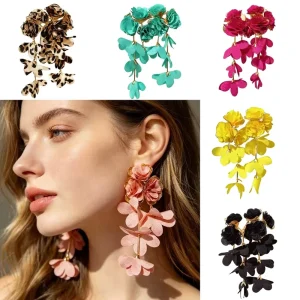 Women’s Three Flower Long Alloy Drop Earrings Personalized Fashionable Bohemian Style Gift Leopard Print Fabric Design