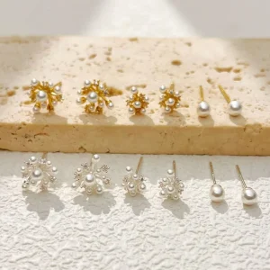 Women’s Three-Piece Fireworks Stud Earrings Set in Brass and Pearl