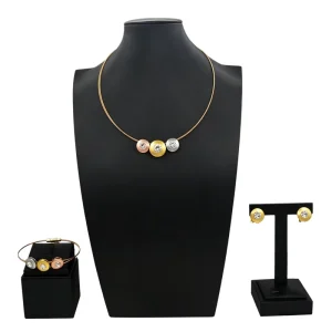 Women’s Three Tone 18K Gold Plated Jewelry Set CZ Crystal Disc Pendant Necklace Bangle Earrings HD2500912