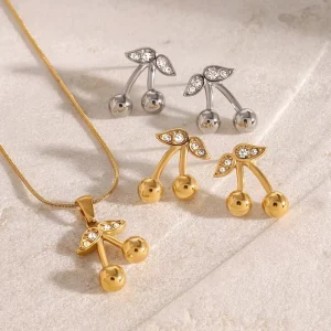 Women’s Titanium Steel Jewelry European American Style Stainless Steel Cherry Necklace Cute Earrings