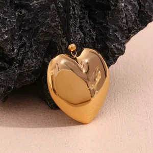 Women’s Trendy 316L Stainless Steel Jewelry 18K PVD Gold Necklace Hollow Heart Pendant Wax Chain Big Heart Charm