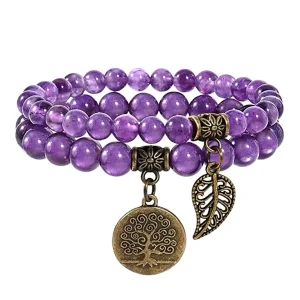 Women’s Trendy Ball Shape Tree Life Leaf Charm Bracelet Natural Semi Precious Gemstone Beads Healing Reiki Beaded