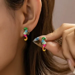 Women’s Trendy Color Spliced Seahorse Summer Vacation style Beach Theme Stud Earrings Enamel Geometric Religious