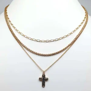 Women’s Trendy Cross Pendant Necklace with Multi-Layered Gold Plated Chain
