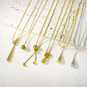 Women’s Trendy Extra Long Tear Drop Stretch Necklace Minimalist 18K Gold Plated Stainless Steel Fine Chain with Fashion Pendant