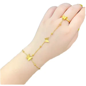 Women’s Trendy Fashion Charm Bracelets Stainless Steel 18K Gold Plated Butterfly Finger Ring Jewelry for Party