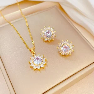 Women’s Trendy Fashion Jewelry Set Titanium Steel Gold Plated Sun Flower Design Crystal Rhinestone Earring Necklace Set