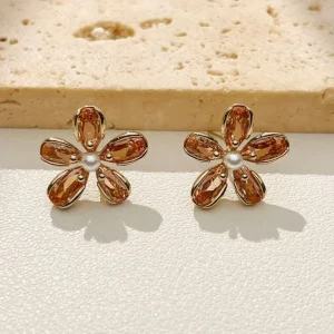 Women’s Trendy Floral Stud Earrings Zircon Brass Gift Fashionable Commute Accessories