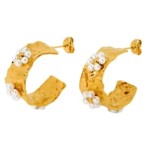 Women’s Trendy Geometric C Shaped 18K Gold Stainless Steel Earrings Pearl Flower Design Fashion Jewelry