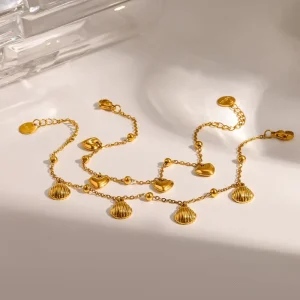 Women’s Trendy Geometric Shape 18k Gold plated Stainless Steel Heart shaped Shell Charm Bracelet for Wedding & Party Occasions