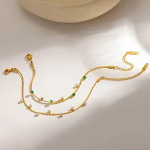 Women’s Trendy Gold Plated Stainless Steel Charm Bracelet with Multi Zircon Stones Geometric Design Jewelry for Daily