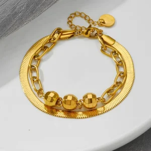 Women’s Trendy Gold Plated Stainless Steel Double layer Chain Charm Bracelet with Geometric Design for Party Occasions