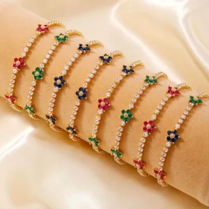Women’s Trendy Gold Plated Summer Fresh Flower Inlaid Zircon Elegant Sweet Hand Jewelry Tennis Chain Bracelet Bangles