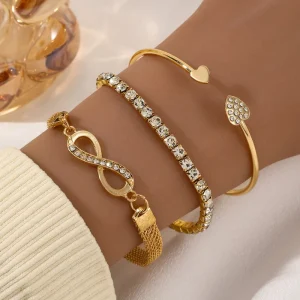 Women’s Trendy Gold Plating Full Diamond Crystal Peach Heart Open Charm Bangle Bracelet Set Fashion for Parties