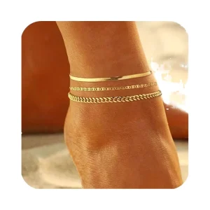 Women’s Trendy Gold Silver Plated 14K Cuban Link Figaro Chain Waterproof Layered Lightweight Butterfly Pearl Anklets Fashionable