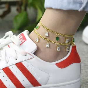 Women’s Trendy Rectangle Anklet with Clear Green Zircon 18K Gold Plated Jewelry