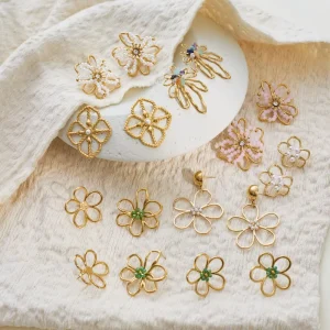 Women’s Trendy Stainless Steel Hollowed Flower Multi Color Stone Stud Earrings Waterproof Ear Accessories Fashion Parties
