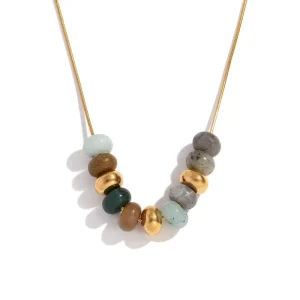 Women’s Trendy Western Costume Bead Snake Chain Natural Gemstone Tarnish Free Necklace Jewelry Waterproof 18k Gold