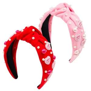 Women’s Valentine’s Day Wide Headband Red Pink Fabric Big Pearls Rhinestones High Quality Fashion 13CM Hair Accessories for
