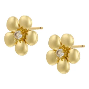 Womens Versatile Copper Plated 18K Golden Surface Five Petal Claw Inlaid Drop Flower Earrings