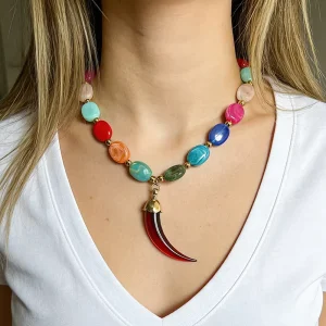 Women’s Vibrant Multicolor Oval Beaded Necklace with Red Horn Charm Boho Statement Jewelry