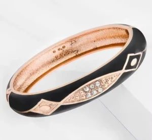 Women’s Vintage Black Enamel Fashion Bracelet Zinc Alloy Bangles with Crystal Accents and Rose Gold Trim