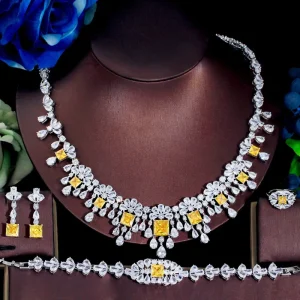 Women’s Vintage Engagement Party Bridal Wedding Anniversary Necklace Set Dubai Jewelry Cubic Zirconia Copper Rhodium Silver