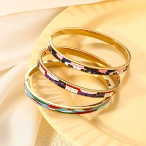 Women’s Vintage Gold Plated Geometric Enamel Stainless Steel Bangles Stylish Cuff Bangle for Party Occasions