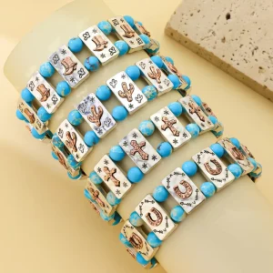 Women’s Vintage Retro Geometric Pattern Long Square Turquoise Beaded Alloy Bracelet Style All-match