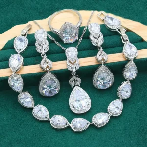 Women’s Vintage Silver Jewelry Set White Zircon Bracelet Earrings Necklace Pendant Ring for Halloween Christmas Gift