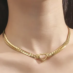 Women’s Vintage Stainless Steel Jewelry Waterproof Love Heart Necklace with Flat Snake Chain Hollow Heart Choker Classic Style