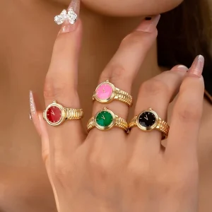 Women’s Watch Ring Natural Stone Alloy Fashion Jewelry Daily Wear 6 Colors