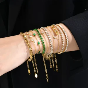 Women’s Waterproof 18K Gold Plated Stainless Steel Bracelet Layered Bangle with White Zirconium Jewelry
