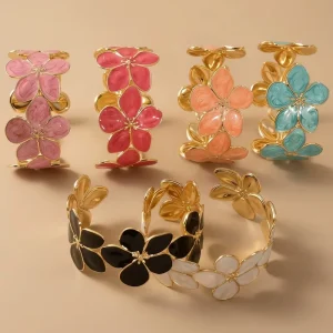 Women’s Wide Face Geometric Stainless Steel Bracelet with Flower Oil Dripping Opening Fashion Bangles Jewelry