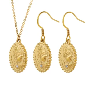 Women’s Zirconia Oval Portrait Pendant Stainless Steel Necklace and Earrings Jewelry Set