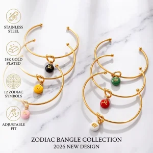 Women’s Zodiac Bangle 18K Gold Plated Stainless Steel Trendy Anniversary Birthday Gift Personalized Colorful Charms