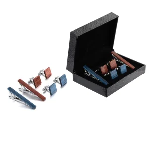 Wood Tie Clip Cufflink Set Men’s Business Red and Blue Retro Tie Clip Gift