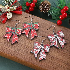 Wooden Double Sided Printed Women Earrings Flower Pattern Bow Shaped Christmas Earrings