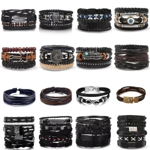 Wrap Bracelet Multi-Layer Wide Hollow Geometric Wristband Vintage Leather Style Jewelry for Men